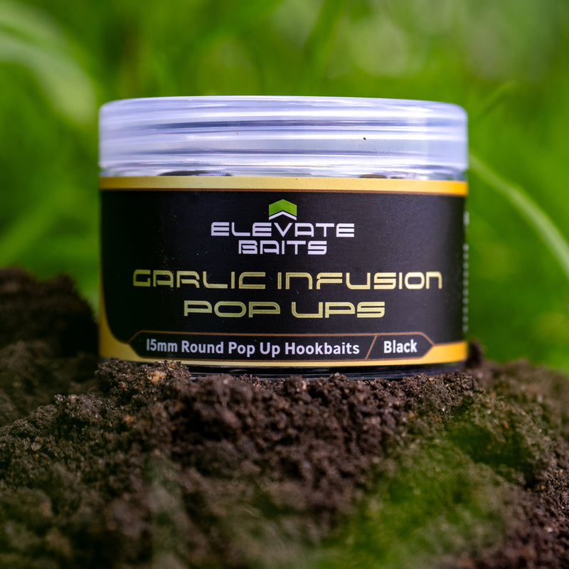 Load image into Gallery viewer, Elevate Baits Garlic Infusion 15mm Black Pop Up Hookbaits
