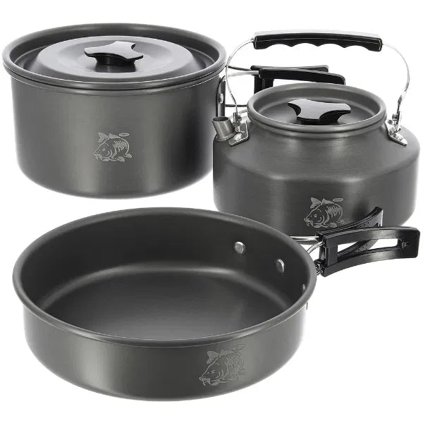 Load image into Gallery viewer, NGT Aluminium Outdoor Cook Set - 1.1 litre Kettle, Pot and Pan in Gun Metal
