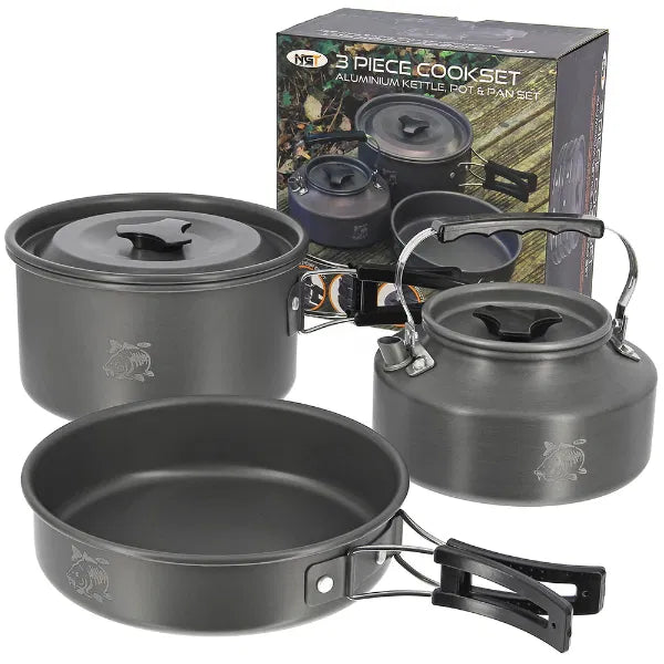 Load image into Gallery viewer, NGT Aluminium Outdoor Cook Set - 1.1 litre Kettle, Pot and Pan in Gun Metal
